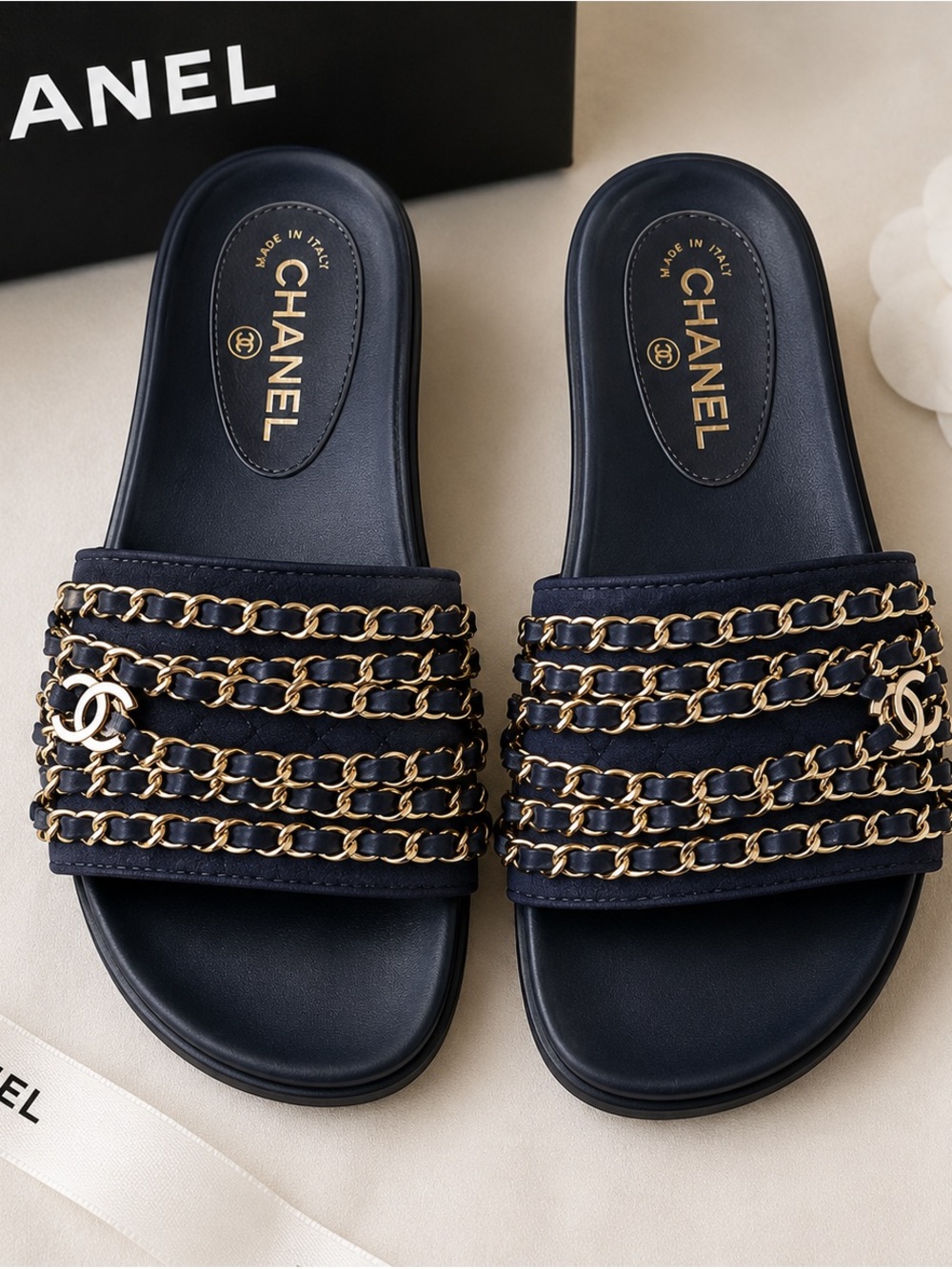 CHANEL Navy Leather Slide Sandals with Gold Chain Trim